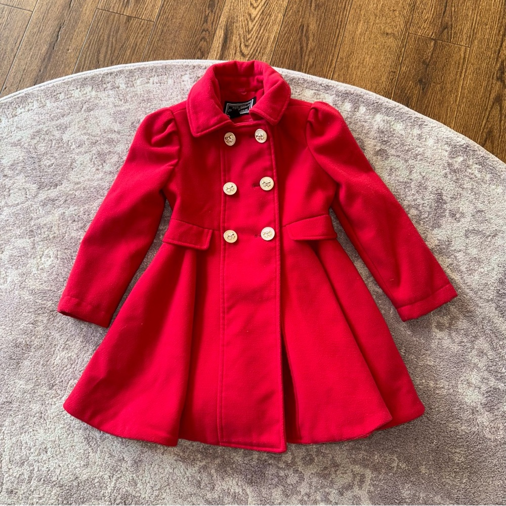 Rothschild Girl’s 5 Red Wool Gold Bow Buttons Double-Breasted Coat